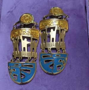 Vintage blue gold dangle egyptian style earrings